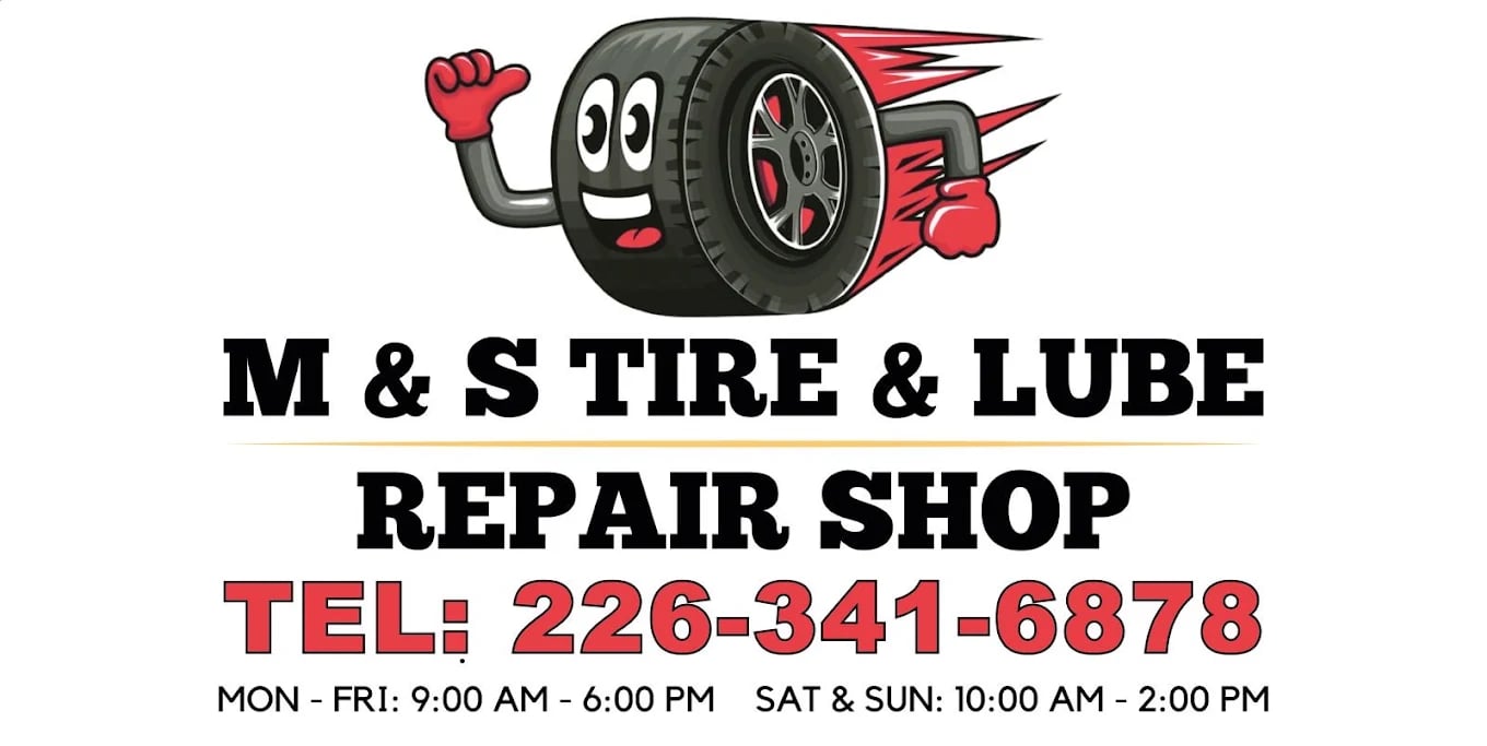Cartoon tire mascot above text advertising M & S Tire & Lube Repair Shop and its phone number and hours.
